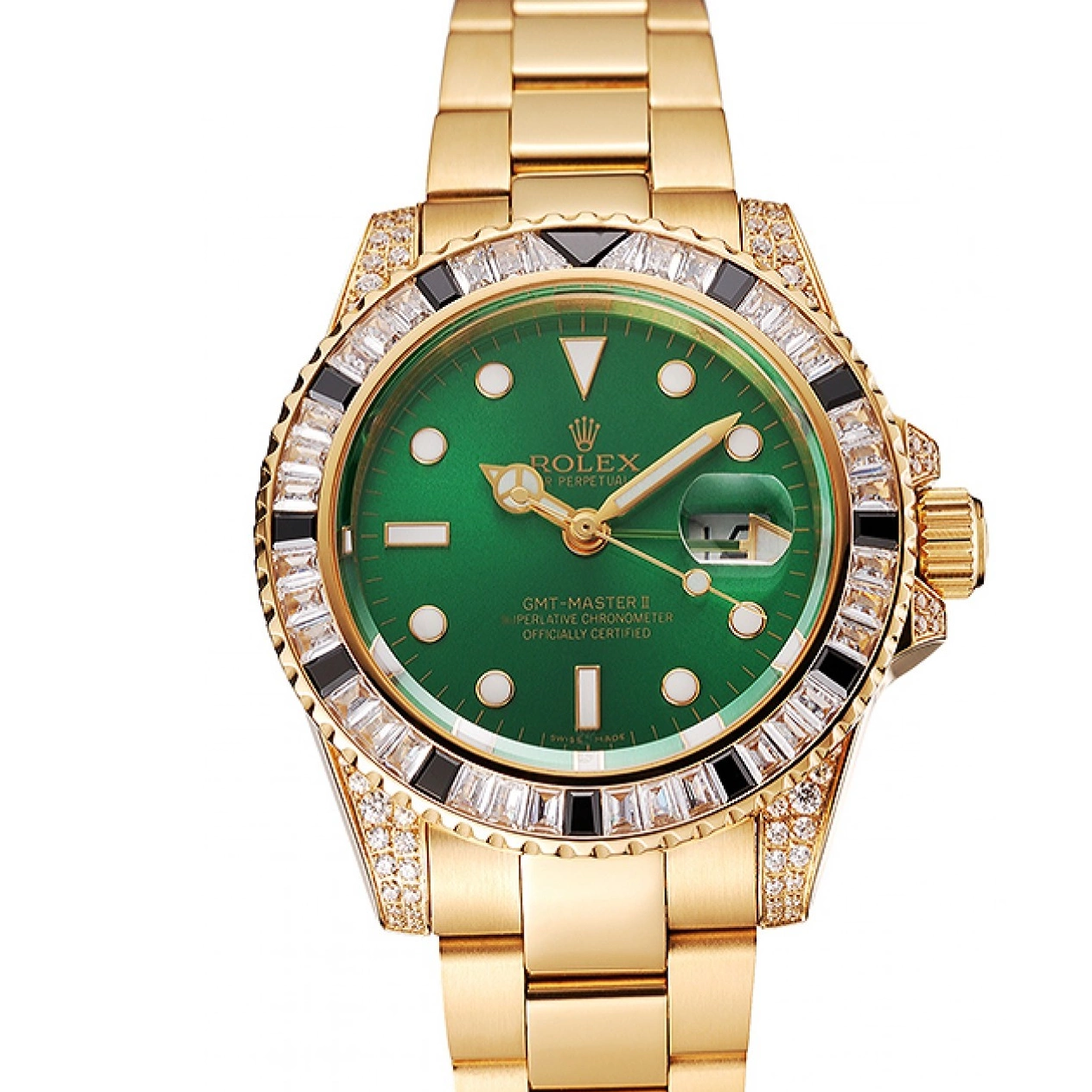 MiroTime 0724 Swiss Rolex GMT Master II Green Dial Stone Set Bezel Gold Case And Bracelet 1453748